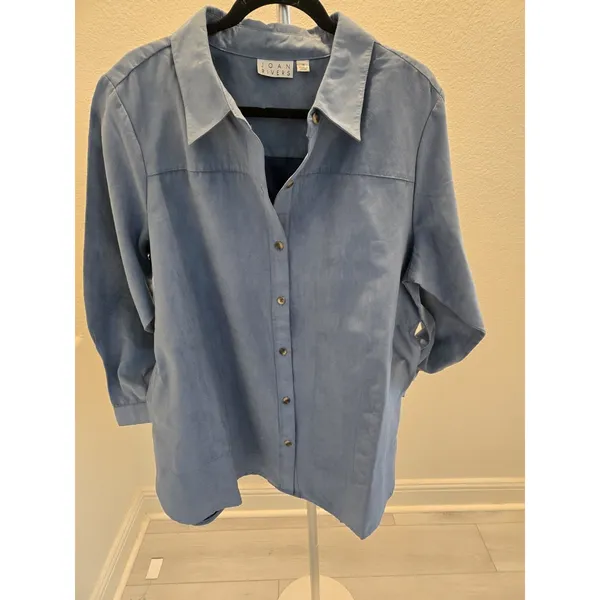 Joan Rivers Womens 1X Blue Faux Suede Button Down Shirt Long Sleeve Shacket Top - Image 2