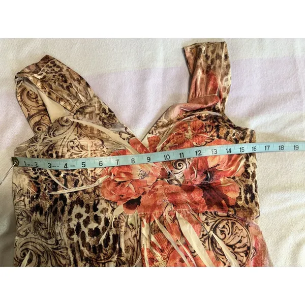 Fresh Of LA Floral/Paisley/Cheetah Maxi Dress Size L Pleated, V Neck Wide Straps - Image 7
