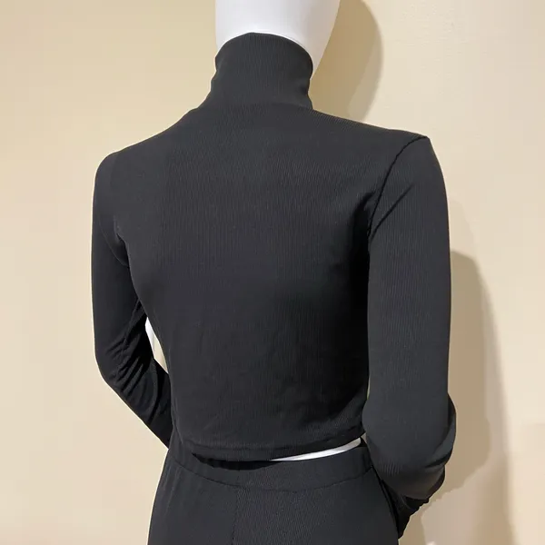 Knit Two Pieces Set Crop Top Mock Neck Blouse High Waist Flare Pants High Rise - Image 7