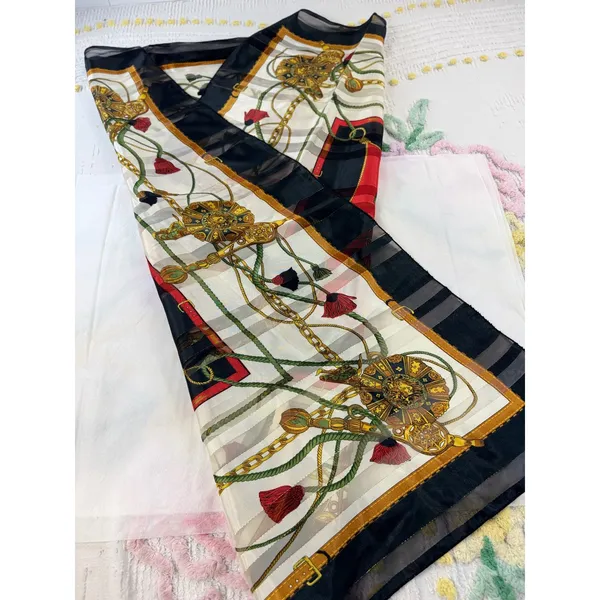 Vintage Equestrian Chain Print Square Scarf Red Black Gold‎ Tassel Sheer Stripe - Image 7