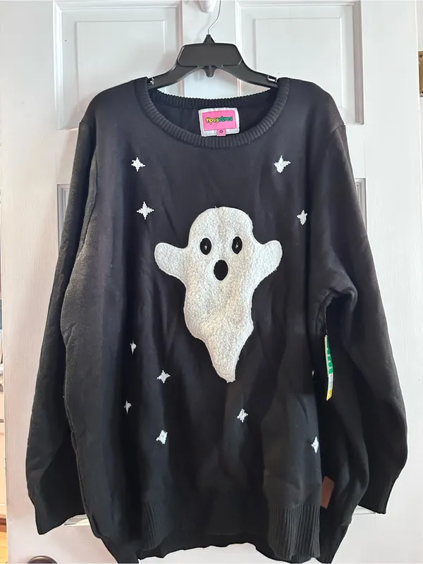 Tipsy Elves Black Light up Sweater with White Ghost Graphic 2x - Image 2