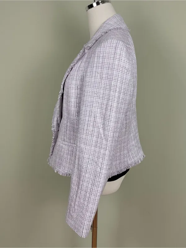 White House Black Market Tweed Cropped Fringe Blazer Jacket Wisteria Size 14 - Image 2