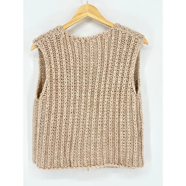 LE LIS Beige Chunky‎ Cable Ribbed Knit Sweater Vest Medium Tan Open Front Tie - Image 5