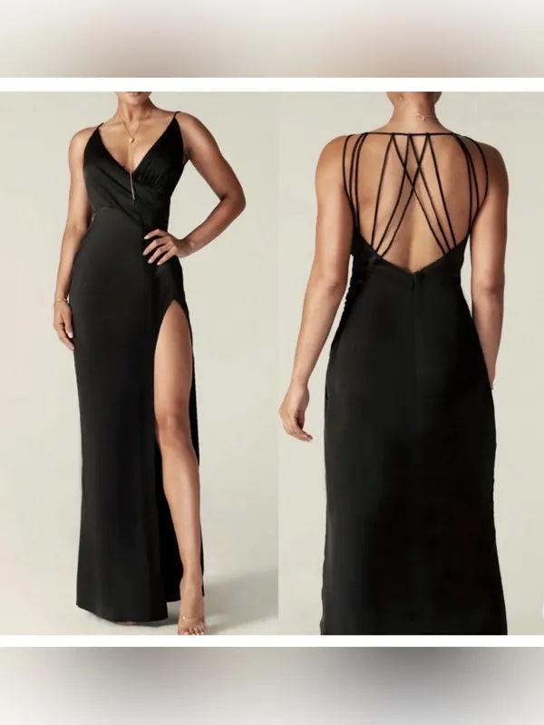 Aliava Marlyn Strappy Satin Evening Gown Prom Cage Back Thigh High Side Slit - Image 2