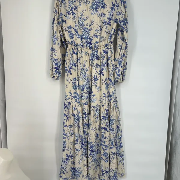 Blue Floral Long Sleeve Tiered Maxi Dress Cream/Blue XS - Image 3