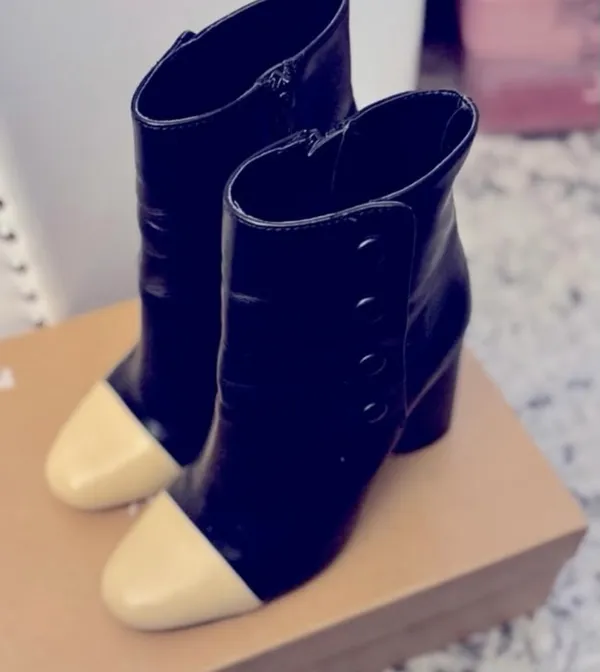 Zara Black High Heeled Ankle Boots with Cream Capped Toe - Image 8