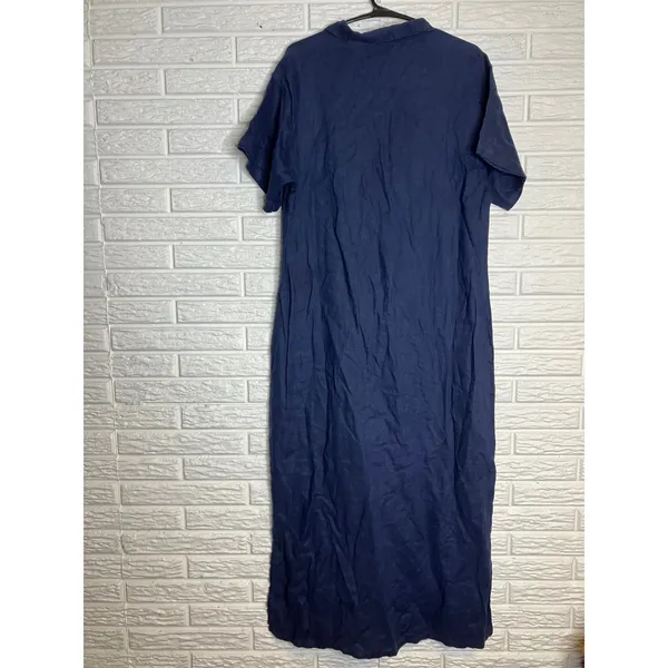 Kiko‎ Maxi Dress Women Medium Navy Blue Excellent Linen Short Sleeve Slit Pocket - Image 5