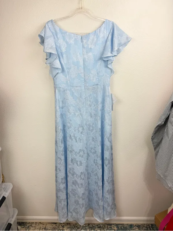 Azazie Slate Blue Floral Jacquard Maxi Flutter Sleeves High Slit Dress Size 10 - Image 6