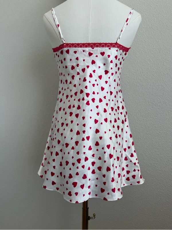 Y2K Victoria’s Secret Heart Print Fly Front Babydoll Slip Dress Lace Trim XS - Image 3