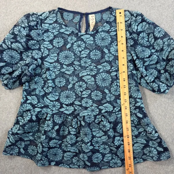 Dolan Women's Medium Blue Floral Lace Peplum Puff Sleeve Top Blouse Sheer - Image 7