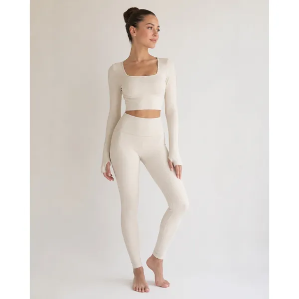 Ribbed Set Cream Beige Sculpting Pilates Princess Balletcore Athleisure Small OS - Image 3