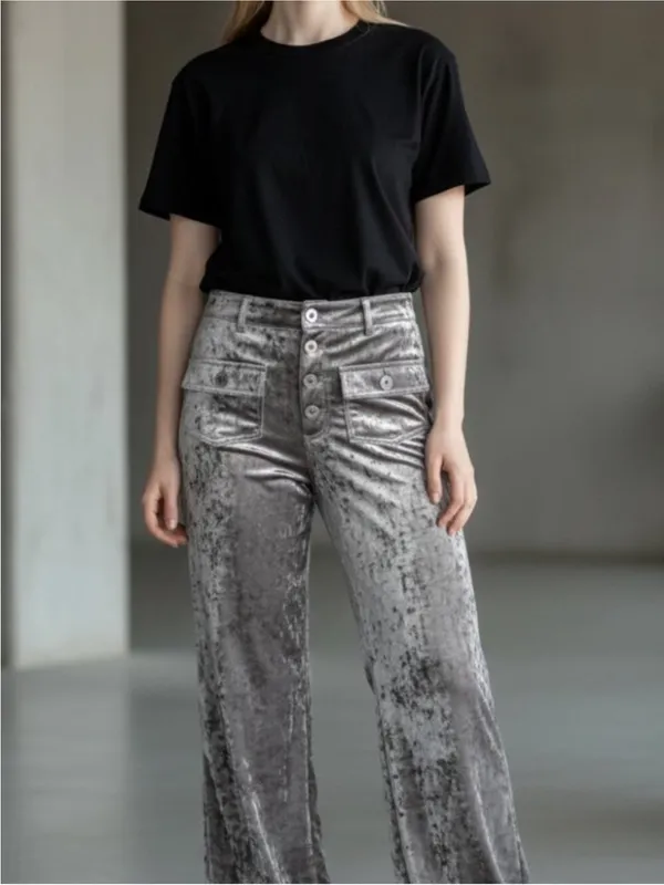 Halara Velvet High Waisted Wide Straight Full Length Casual Pant Gray Size L NEW - Image 3