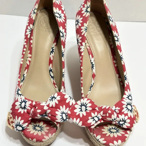Tory Burch Dory Red Floral Canvas Peep Toe Wedge Espadrilles Size 7.5 Beachy - Image 9