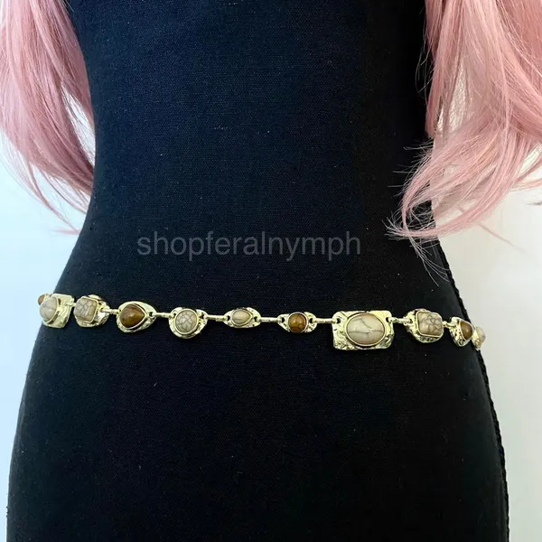 Gold Y2K Earthy Marbled Stone Boho Waist Chain Belt, Fits 29-45 Inches, X7GA1402 - Image 4