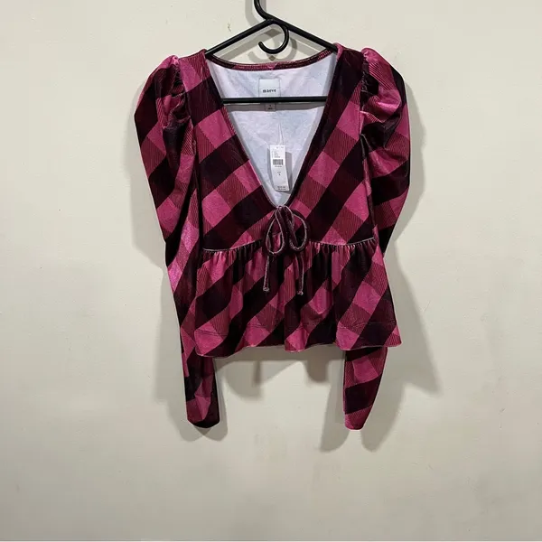 Nwt Anthropologie Maeve Velvet Babydoll Puff Sleeve Blouse Top Pink Plaid S - Image 3