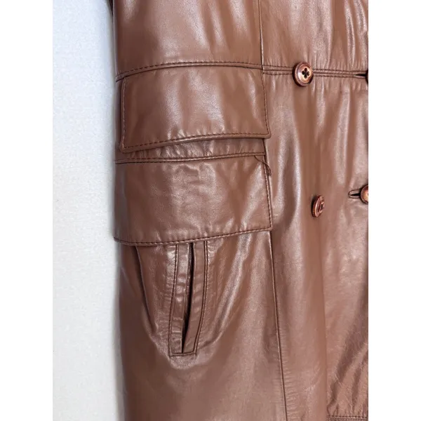 1970s The Tannery For Montgomery Ward Brown Leather Trench Coat M Long Coat - Image 14