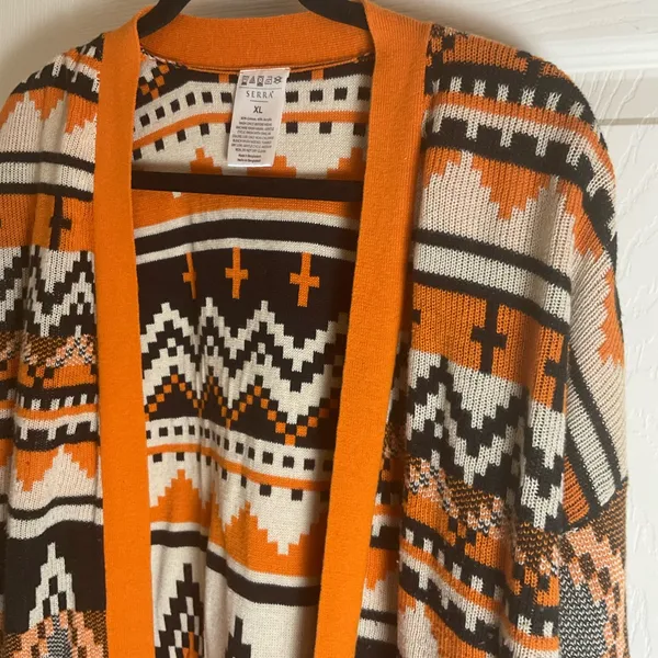 Serra Aztec Southwestern Geometric Open Front Cardigan Orange Black XL - Image 4