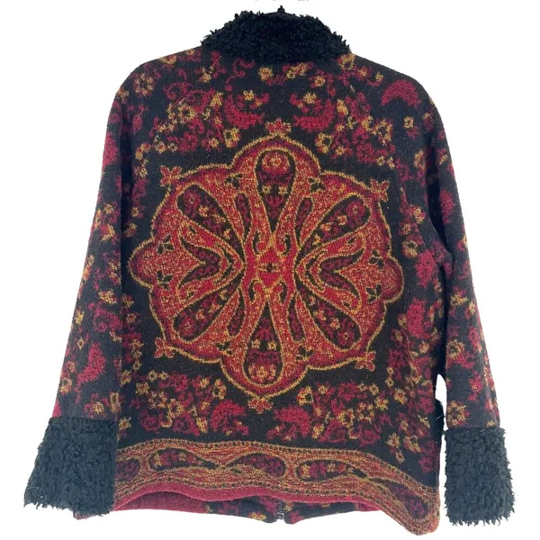 IVY Tapestry Full Zip Jacket Black Red Paisley Pockets Mock Neck Size Medium - Image 2