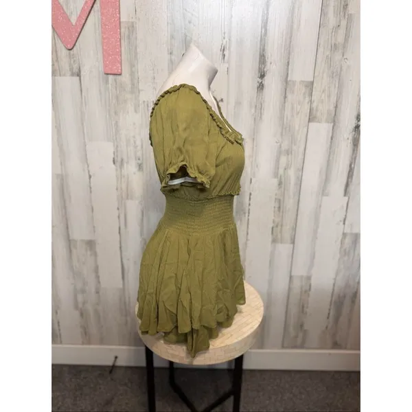 Olive Green Smocked Romper Puff Sleeve Rayon Mini Dress Look Size M - Image 3