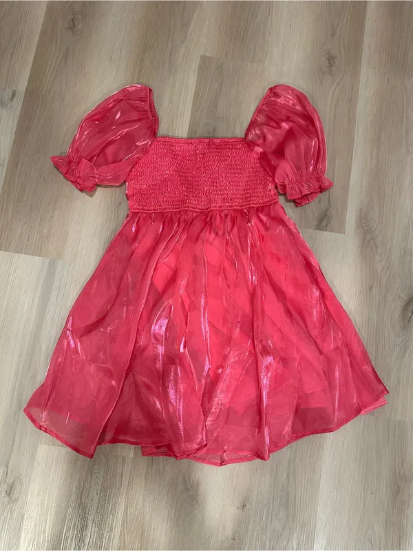 Sheer Pink Puff-Sleeve Square Neck Dress - Image 2