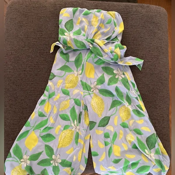 Anthropologie Maeve Lemon Grove Strapless‎ Belted Romper Sz 0 Crop Flowy - Image 2