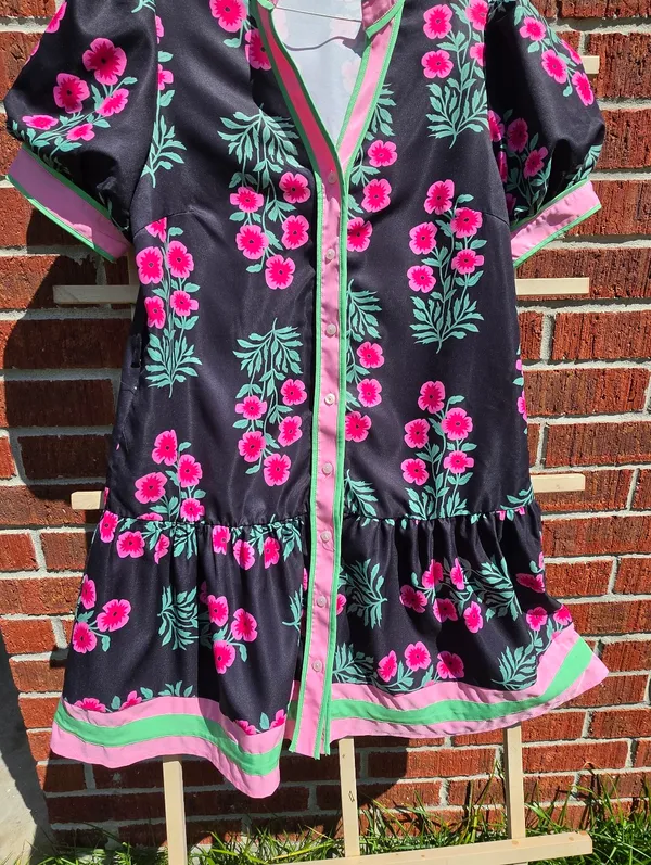 Floral Mini Dress Puff Sleeve V-Neck Button Down Casual Beach Boho Small - Image 7