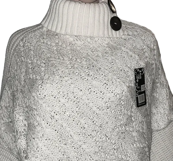 Sequined Fringe Turtleneck Poncho White - Image 2