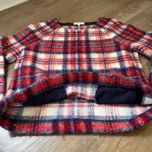 Madewell Wool Blend Red Plaid Fuzzy Pullover Long Sleeve Top ~ Women’s Size S - Image 9