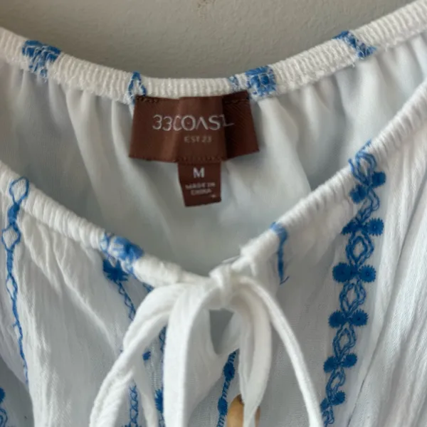 BUCKle- 33 Costal -Women's White Peasant Blouse with Blue Embroidery - Image 3