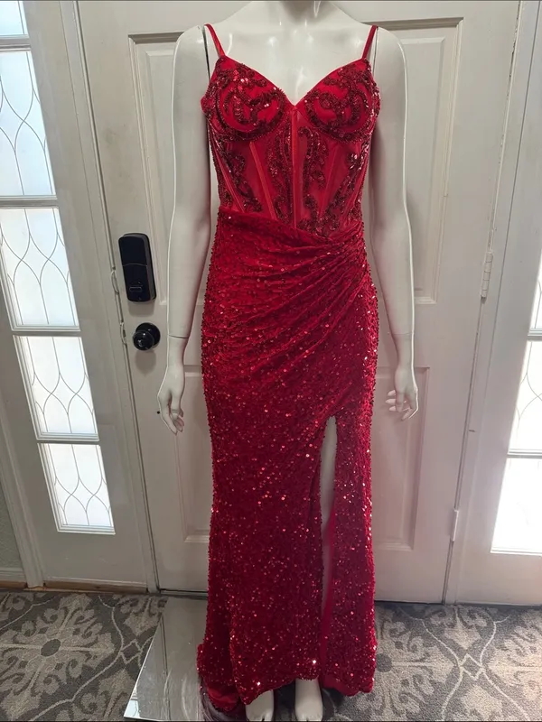 Unbranded Off shoulder Beaded Corset Slit Red Sequin Ruched Evening Gown Sz 6 A - Image 2