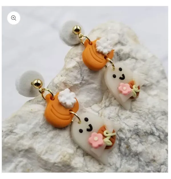 Halloween Pumpkin Ghost Clay Earrings Orange - Image 2