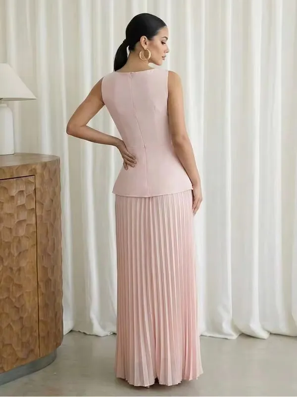 Blush Pink Sleeveless Peplum Pleated Maxi Dress and Matching Top NEW - Image 2