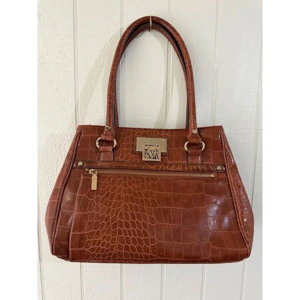 Anne Klein Cognac Brown Croc Embossed Faux Leather Satchel Handbag Gold Hardware - Image 5