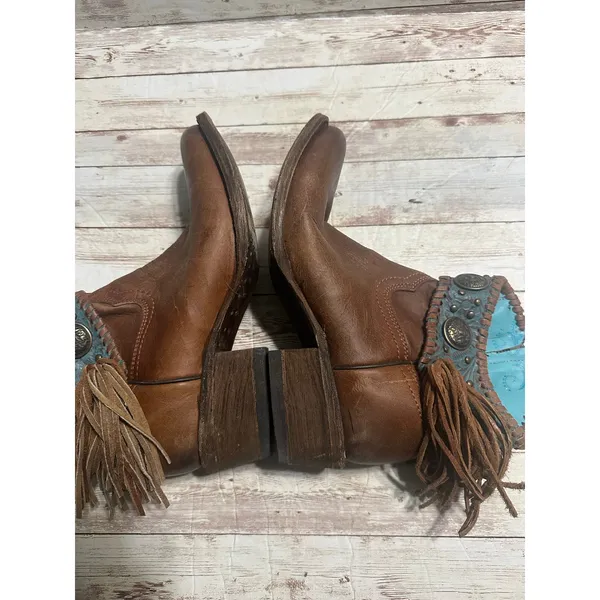 Corral Emma Ankle Boots Western Women's Size 7.5 Brown Turquoise Fringe Leather - Image 7