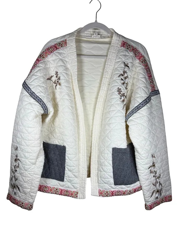 POL Cream Quilted Embroidered Jacket in Ivory Like New Bohemian Sz L - Image 5