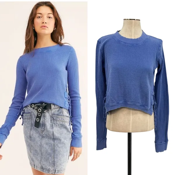Free People FP One Cropped Interlaken Top Waffle Knit Long‎ Sleeve Blue Medium - Image 2