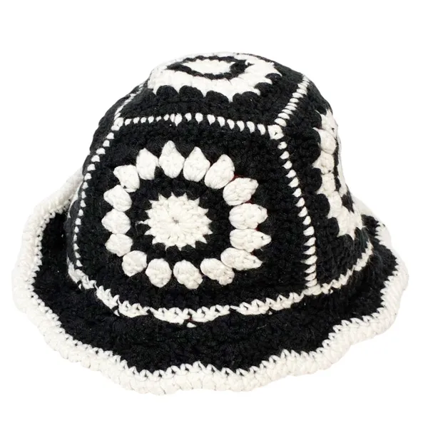 Black White Crotchet Flower Boho Grandma Bucket Hat One Size‎ - Image 2