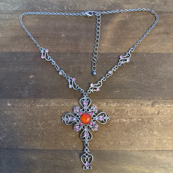 Silver tone Victorian gemstone cross necklace - Image 2