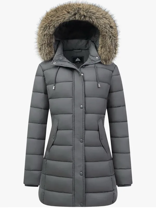 Women's Gray Quilted Long Puffer Coat with Faux-Fur Trim Hood - Image 5