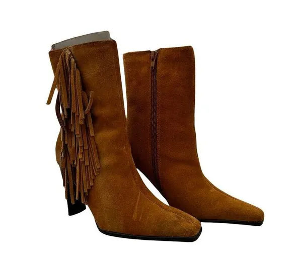Vintage Predictions Suede Leather Fringe Boots Size 5 - Image 2