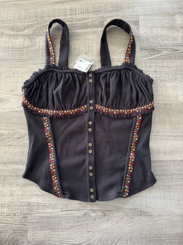 Free People Wilder Knit Top Size M NWT Boho Whimsigoth Black Embroidered Trim - Image 4