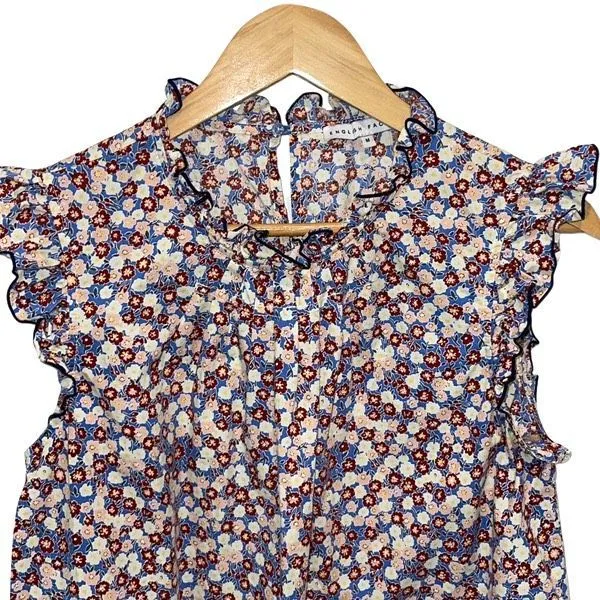 English Factory Womens Floral Ruffle Cap Sleeve Blouse Top Blue‎ Brown Sz Medium - Image 2