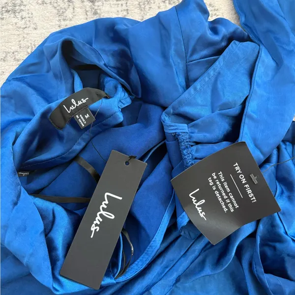Lulus Reglan Blue Satin One-Shoulder Sash Midi Dress Size Medium NWT Formal Sexy - Image 6