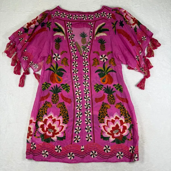 Farm Rio Pink Tropical Leopard Floral Tassel Tunic Top XS 307082 Metallic Lurex - Image 10