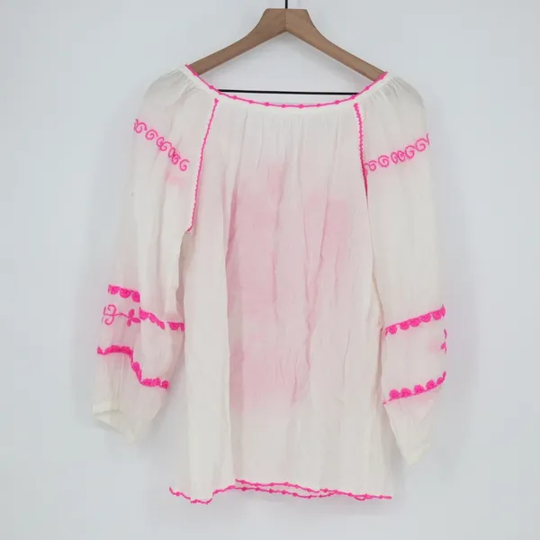 White Boho Embroidered Tassel Tie Neck Tunic Top Pink Birds - Image 5