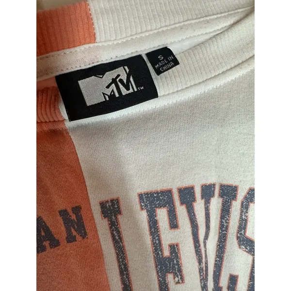 MTV Split Color Graphic Sweatshirt Small Y2K Oversized Crewneck Peach White - Image 3