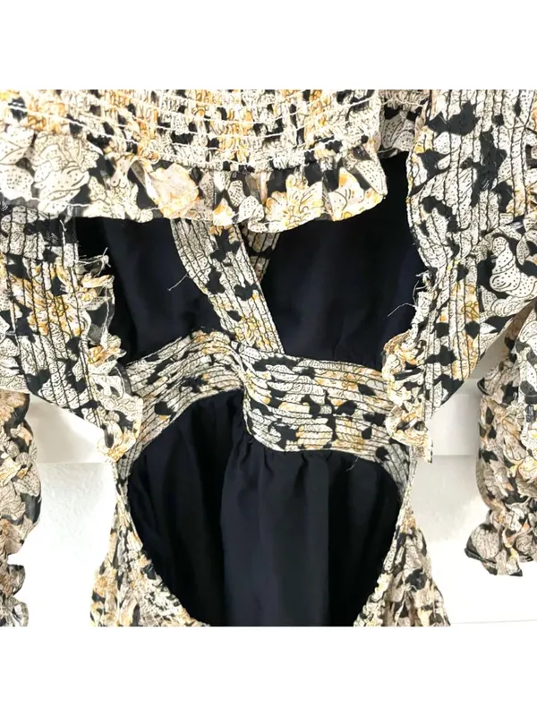 Anthropologie V-Neck Ruffle Cutout Mini Dress in Neutral Motif Size L - Image 6