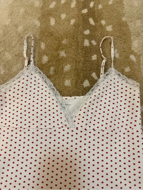 Brandy Melville Red Heart Print Lace Trim Cami Tank Top Cotton Made in Italy - Image 5