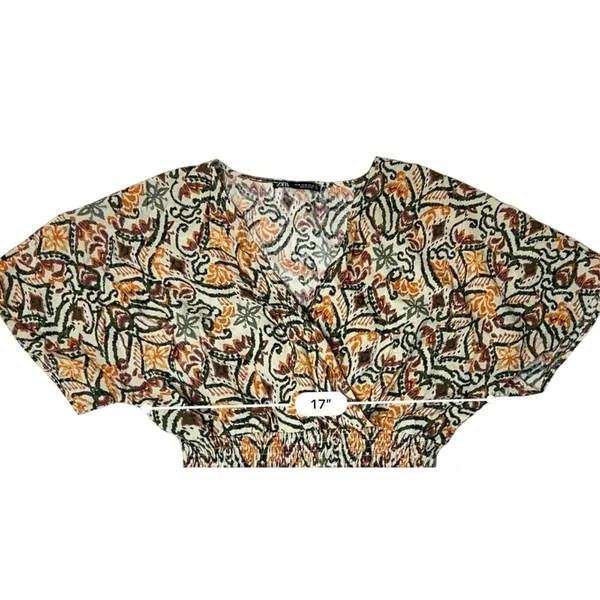 Zara AOP Ikat Print Tiered Elastic Waist Dress Tan Green Tribal MEDIUM Boho Chic - Image 6