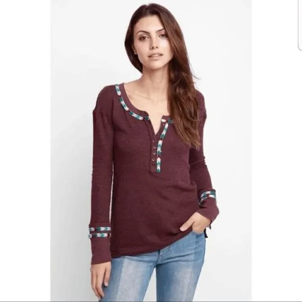 Free People Rainbow Thermal Wine Maroon Long Sleeve Boho Small - Image 9